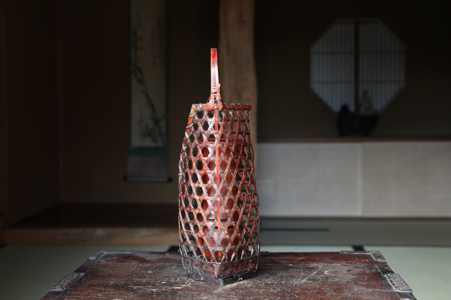 Japanese vintage hexagonal weave bamboo basket For IKEBANA, Tea ceremony H13.2x4.7in/33.5×12cm