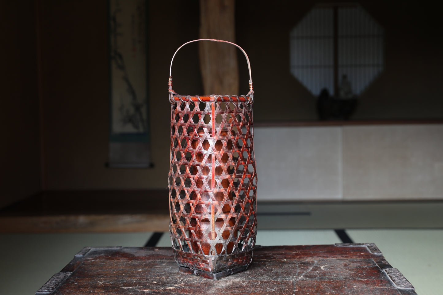 Japanese vintage hexagonal weave bamboo basket For IKEBANA, Tea ceremony H13.2x4.7in/33.5×12cm