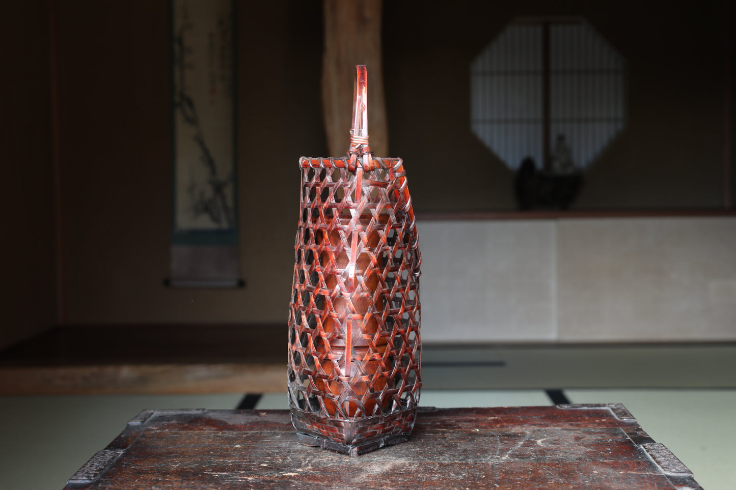 Japanese vintage hexagonal weave bamboo basket For IKEBANA, Tea ceremony H13.2x4.7in/33.5×12cm