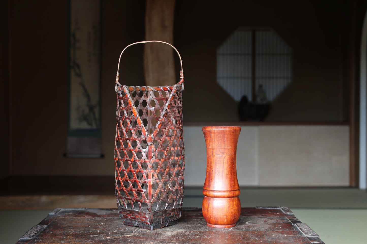 Japanese vintage hexagonal weave bamboo basket For IKEBANA, Tea ceremony H13.2x4.7in/33.5×12cm