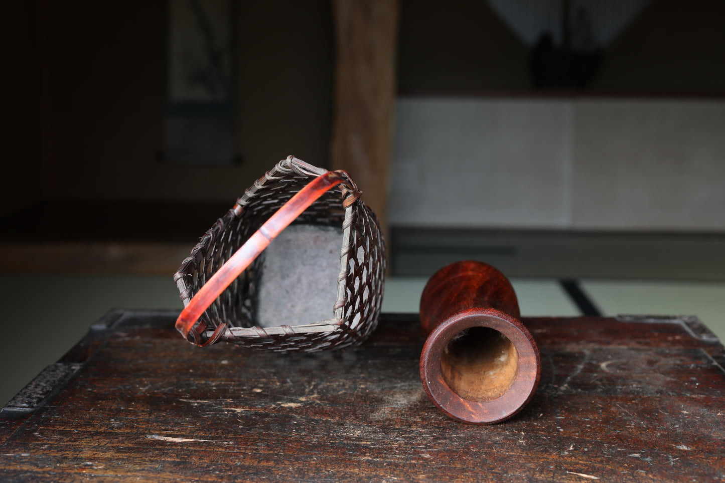 Japanese vintage hexagonal weave bamboo basket For IKEBANA, Tea ceremony H13.2x4.7in/33.5×12cm