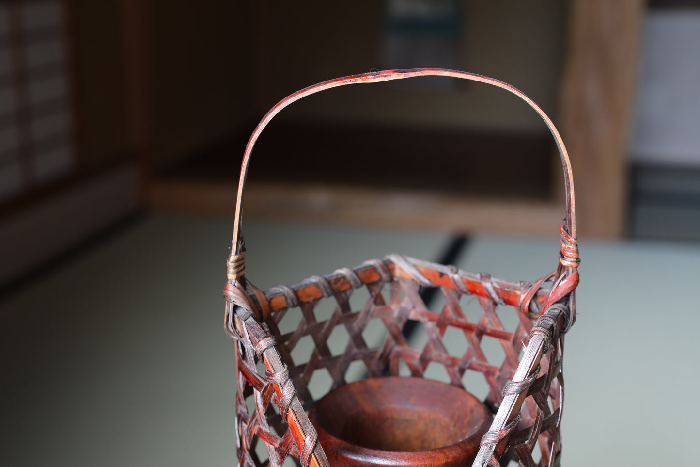 Japanese vintage hexagonal weave bamboo basket For IKEBANA, Tea ceremony H13.2x4.7in/33.5×12cm