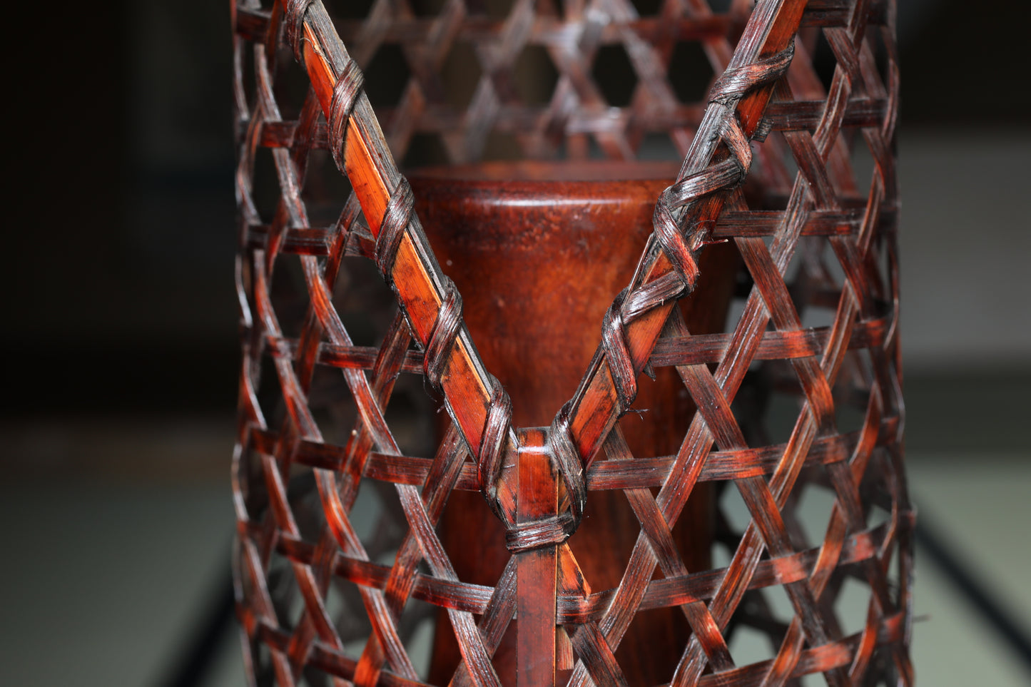 Japanese vintage hexagonal weave bamboo basket For IKEBANA, Tea ceremony H13.2x4.7in/33.5×12cm