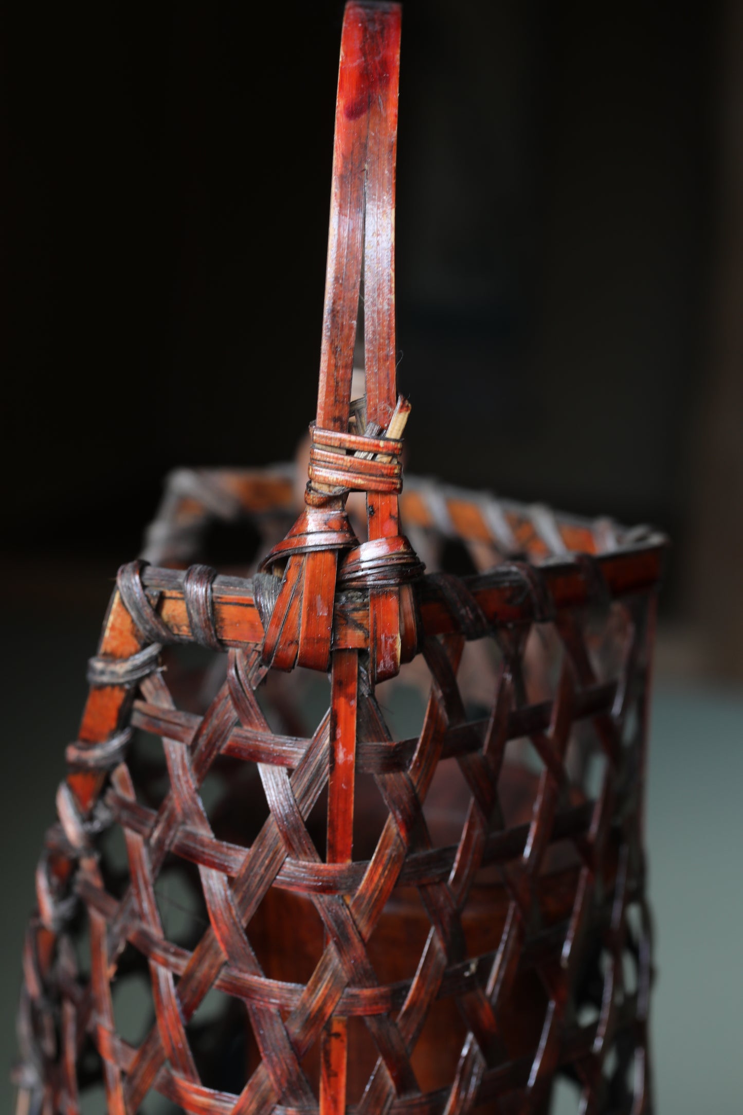 Japanese vintage hexagonal weave bamboo basket For IKEBANA, Tea ceremony H13.2x4.7in/33.5×12cm