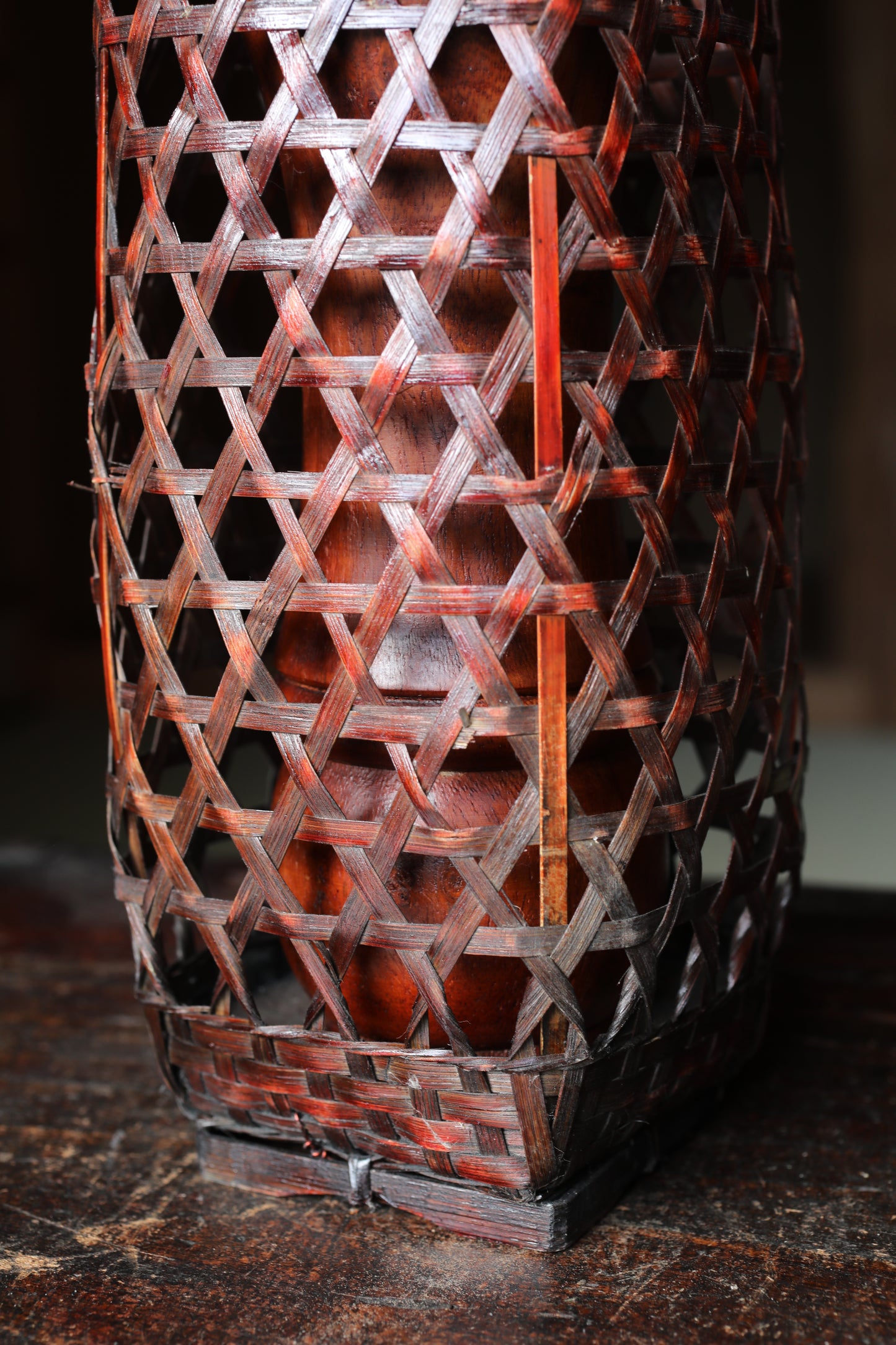 Japanese vintage hexagonal weave bamboo basket For IKEBANA, Tea ceremony H13.2x4.7in/33.5×12cm