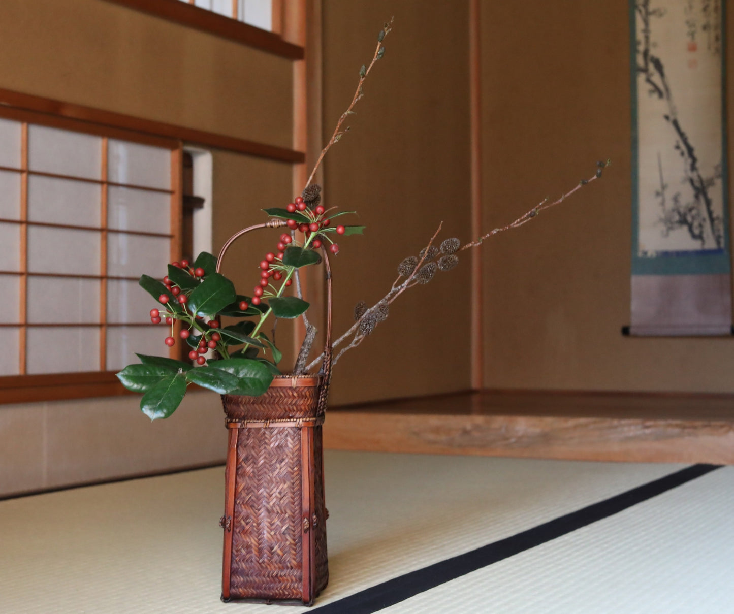 Japanese Bamboo Woven Vase: Vintage Lacquer Ikebana Basket H16.3in/H41.5cm