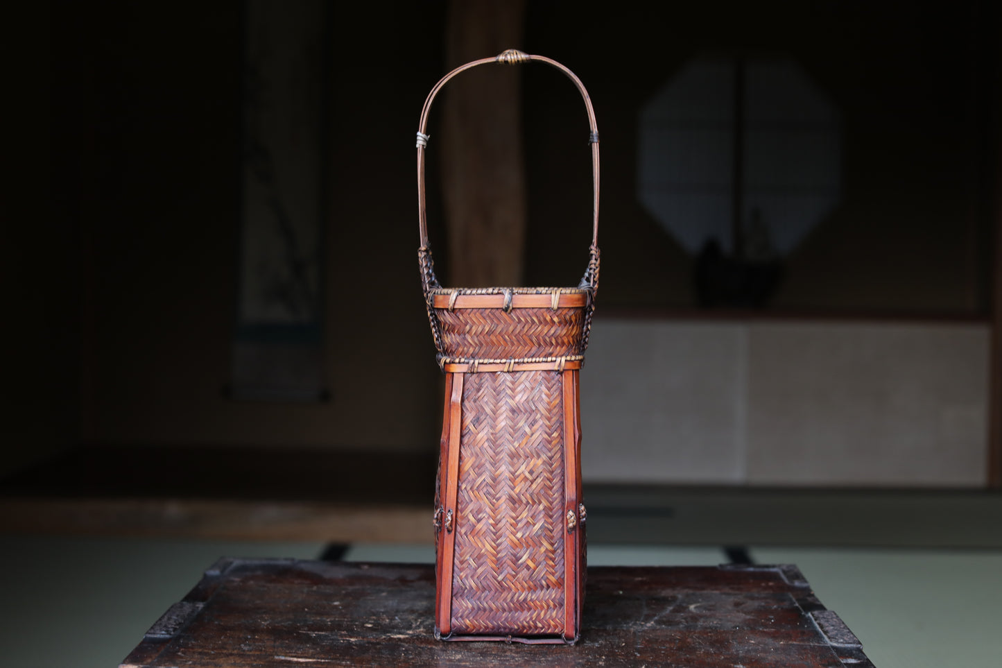 Japanese Bamboo Woven Vase: Vintage Lacquer Ikebana Basket H16.3in/H41.5cm