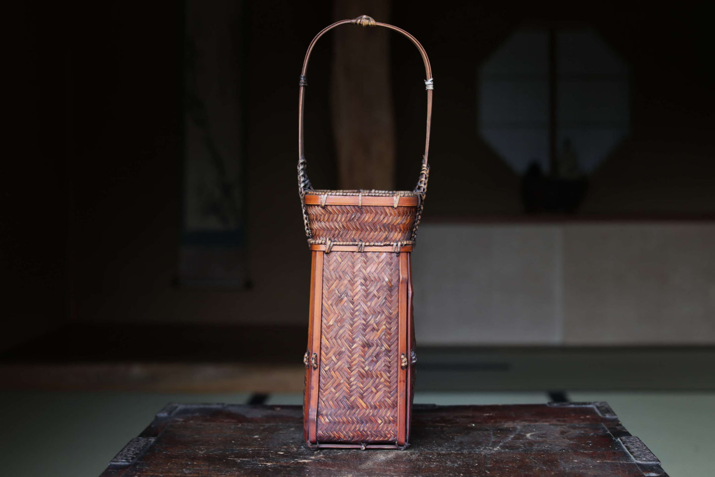 Japanese Bamboo Woven Vase: Vintage Lacquer Ikebana Basket H16.3in/H41.5cm