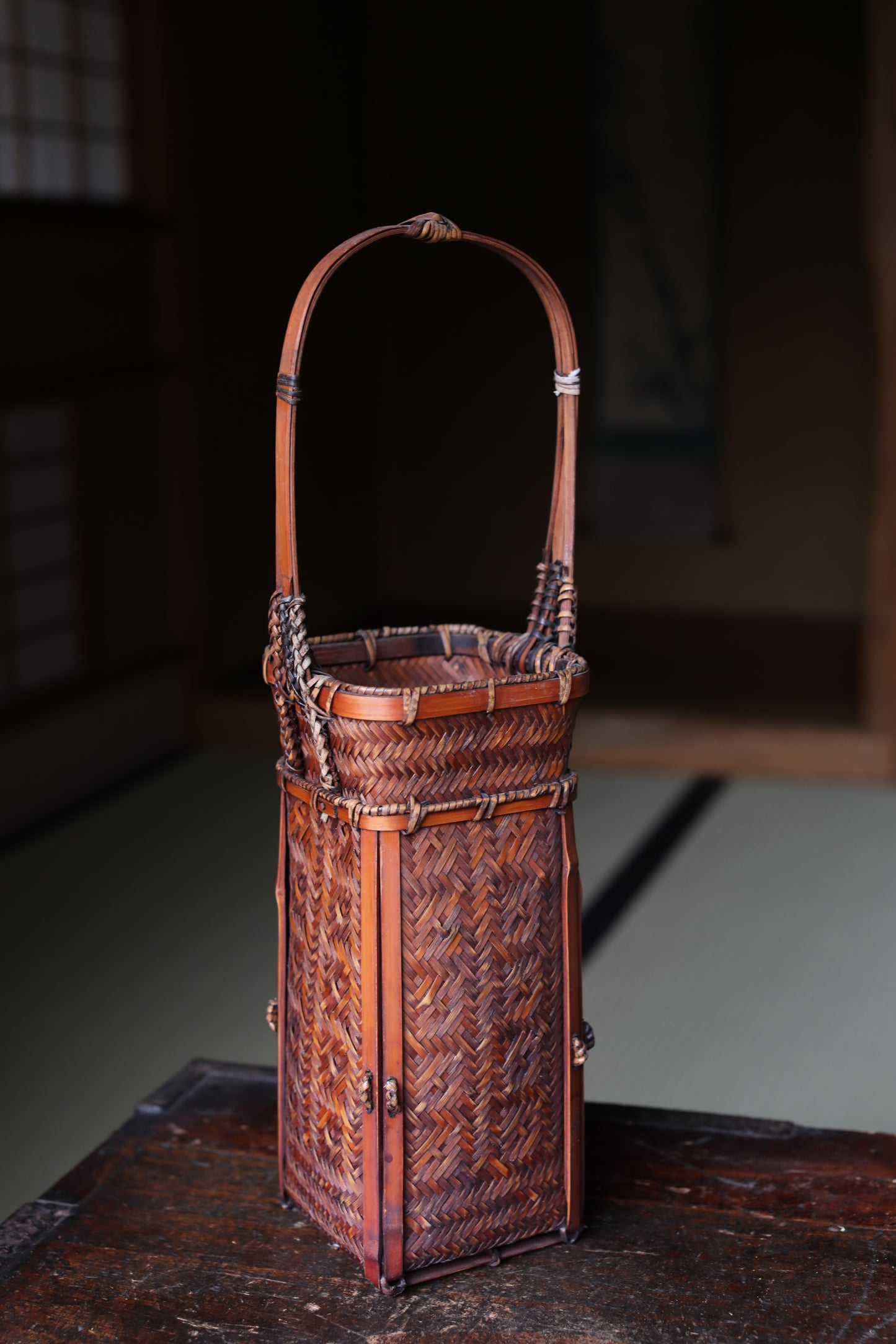 Japanese Bamboo Woven Vase: Vintage Lacquer Ikebana Basket H16.3in/H41.5cm