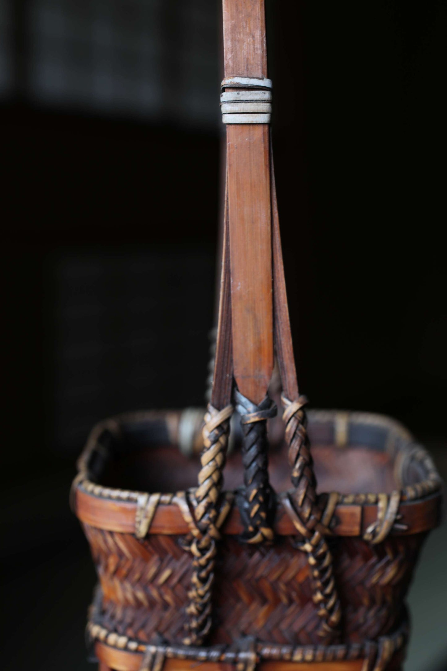 Japanese Bamboo Woven Vase: Vintage Lacquer Ikebana Basket H16.3in/H41.5cm