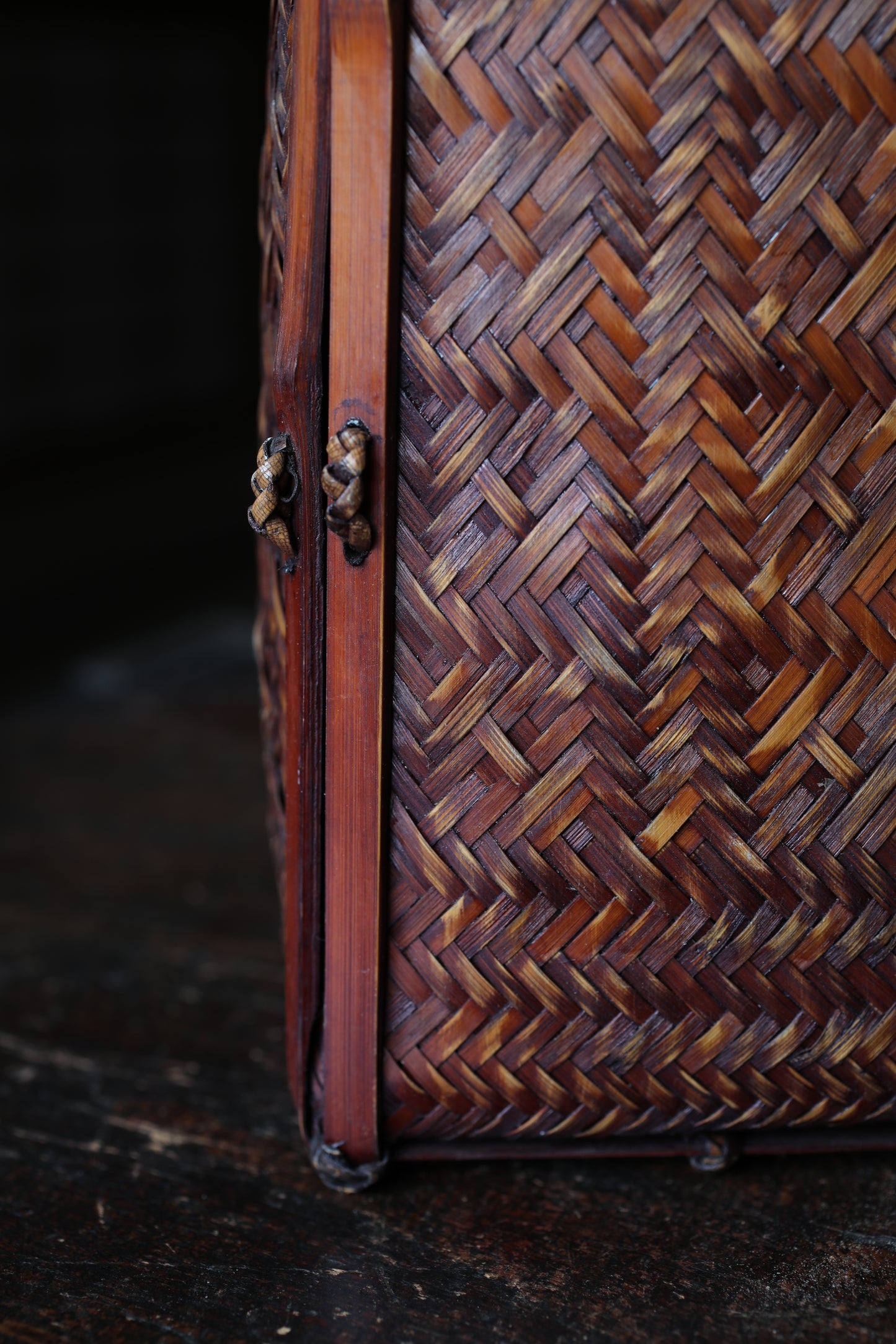 Japanese Bamboo Woven Vase: Vintage Lacquer Ikebana Basket H16.3in/H41.5cm
