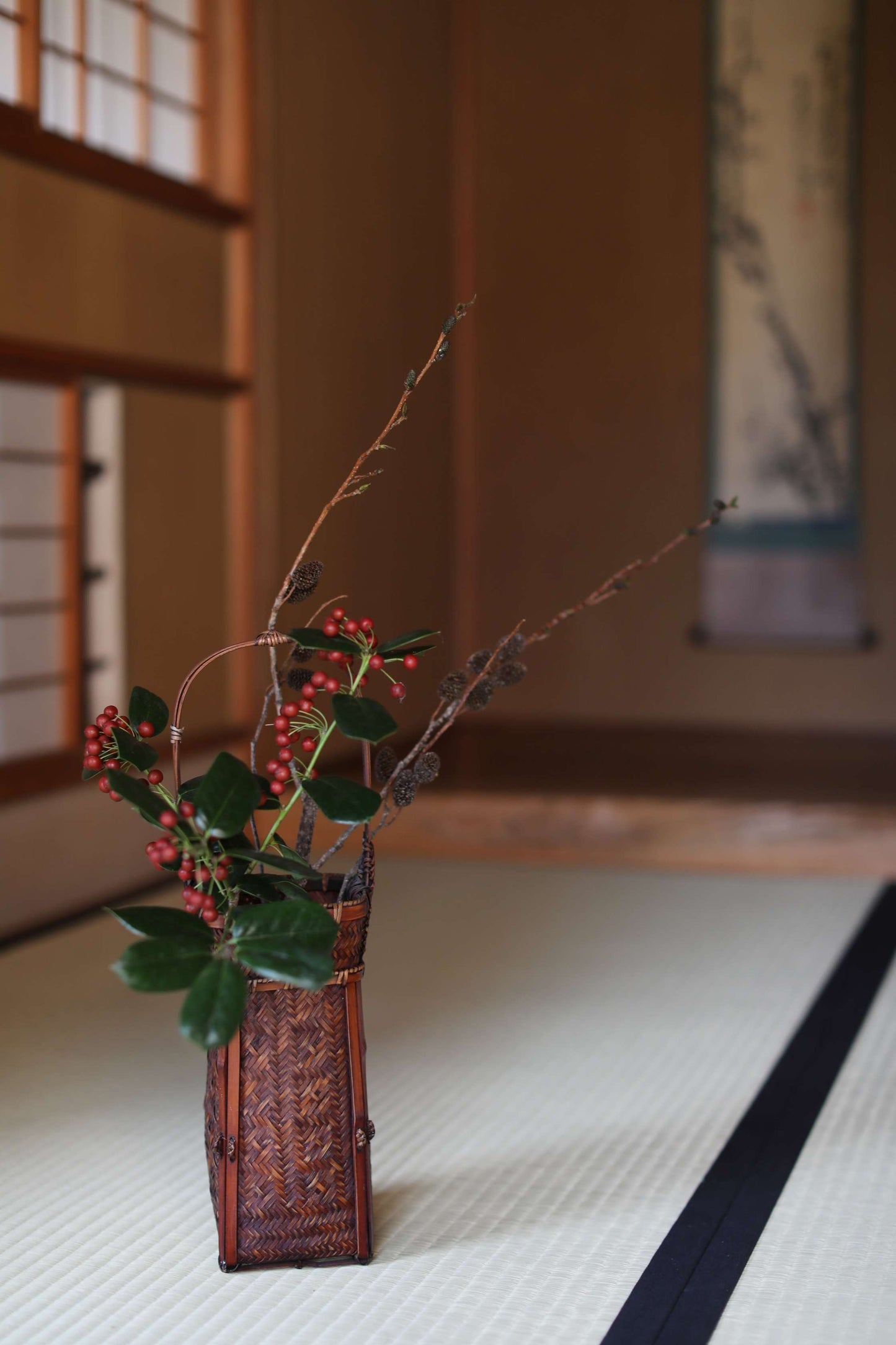 Japanese Bamboo Woven Vase: Vintage Lacquer Ikebana Basket H16.3in/H41.5cm
