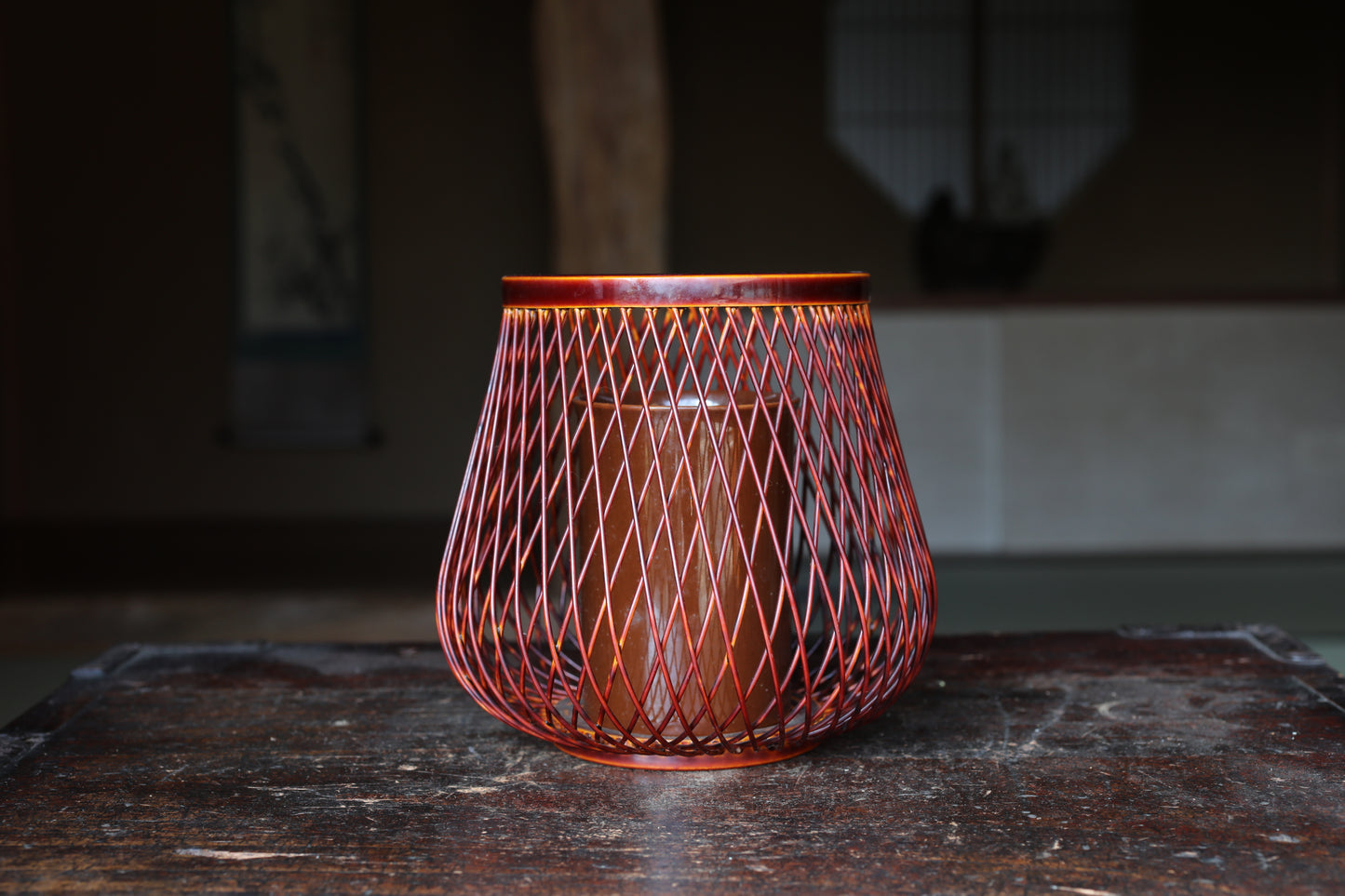 Japanese vintage lacquered  bamboo woven flower basket vase, "春慶塗 Syunkei" urushi craft H5.9×W5.9in / 15x15cm