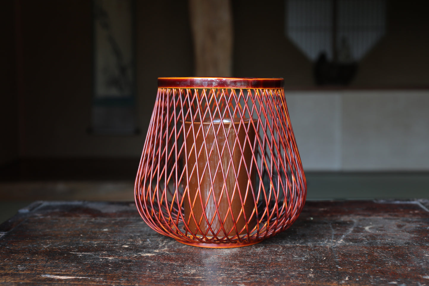 Japanese vintage lacquered  bamboo woven flower basket vase, "春慶塗 Syunkei" urushi craft H5.9×W5.9in / 15x15cm
