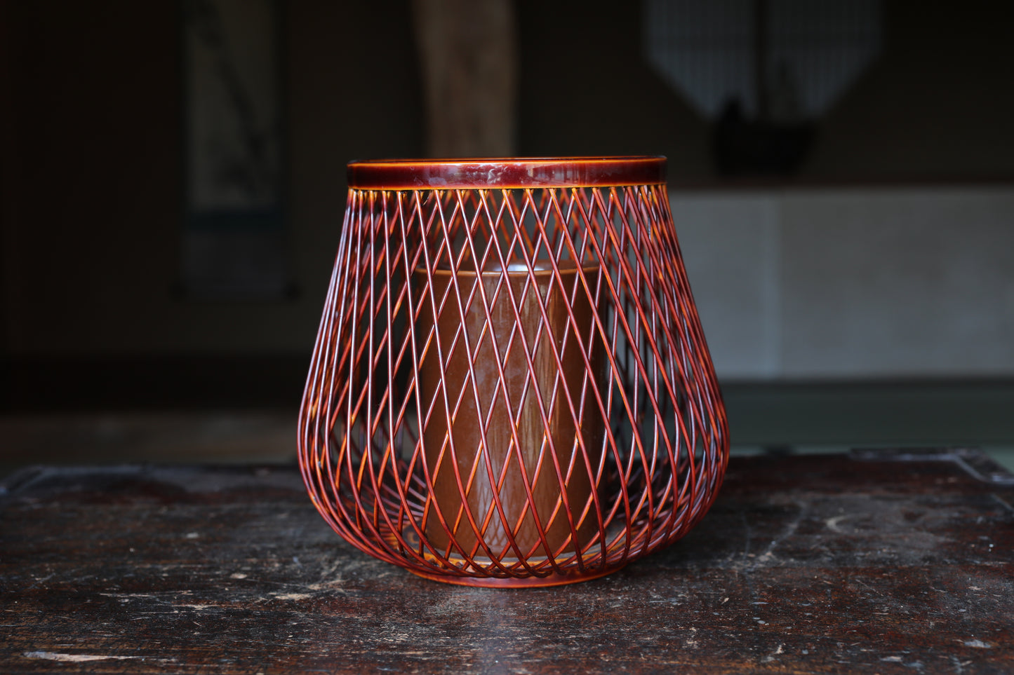 Japanese vintage lacquered  bamboo woven flower basket vase, "春慶塗 Syunkei" urushi craft H5.9×W5.9in / 15x15cm