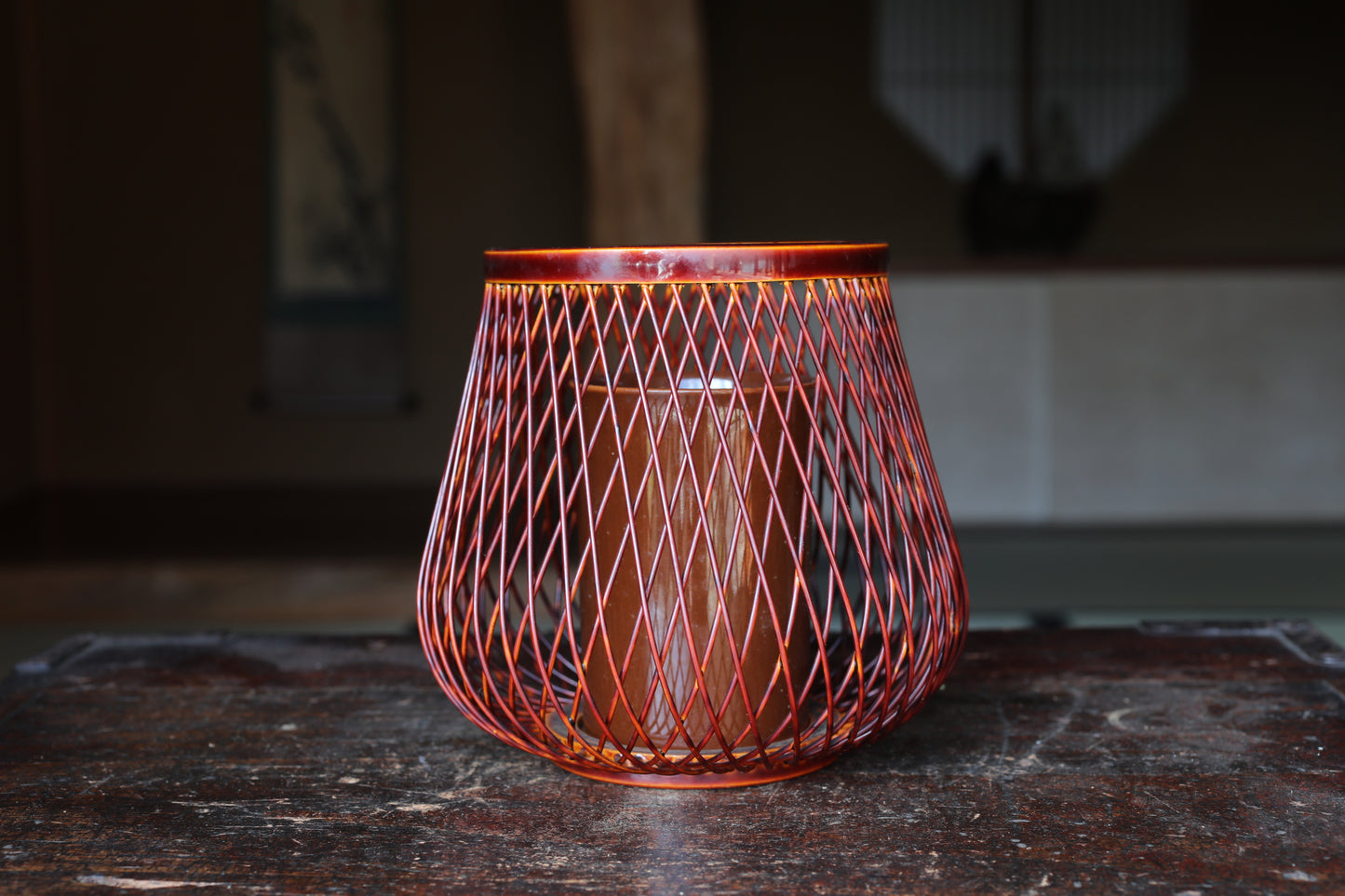 Japanese vintage lacquered  bamboo woven flower basket vase, "春慶塗 Syunkei" urushi craft H5.9×W5.9in / 15x15cm