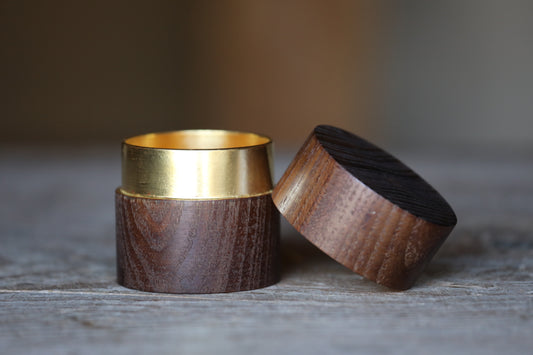 Japanese vintage "matcha" green tea caddy made from a single wood "中次 Nakatsugi" , gold inside, natsume for tea ceremony H2.7xW2.6in