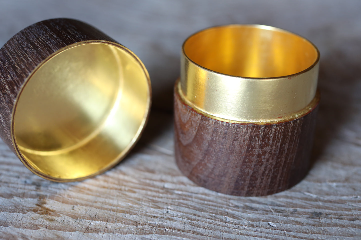 Japanese vintage "matcha" green tea caddy made from a single wood "中次 Nakatsugi" , gold inside, natsume for tea ceremony H2.7xW2.6in