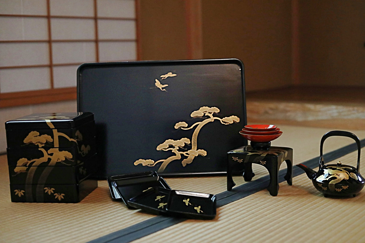 Japanese antique 1910s Gorgeous Lacquer full set Sake cup/ Pot/ Table/ box /plates /black gold pine crane MAKIE URUSHI 17.3in×12in/44×30.5cm