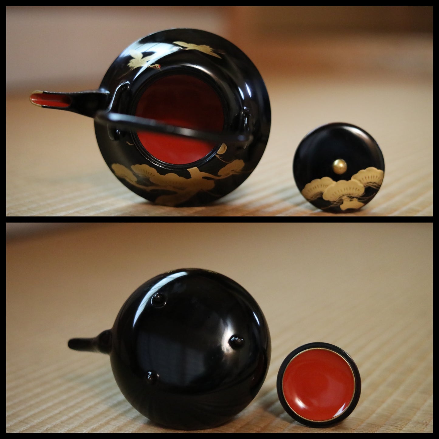 Japanese antique 1910s Gorgeous Lacquer full set Sake cup/ Pot/ Table/ box /plates /black gold pine crane MAKIE URUSHI 17.3in×12in/44×30.5cm