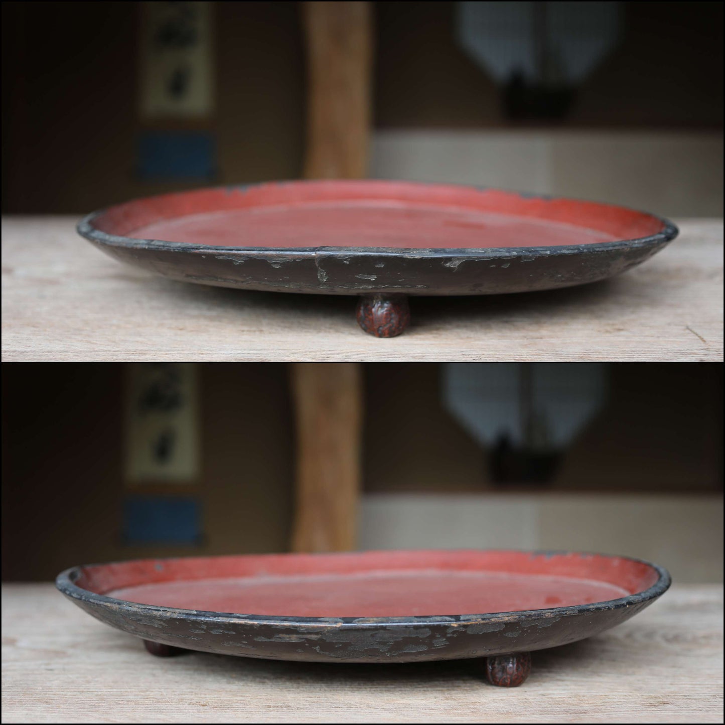 Japanese antique round wooden tray, lacquered in red and black with walnut legs, urushi OBON sencha tea H2xW14.6in / H5xW37cm