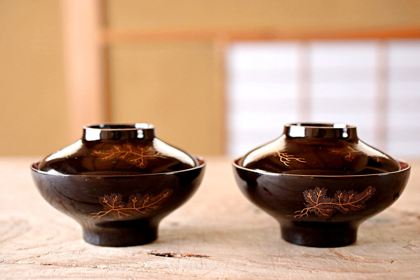 FINE! Japanese antique 1800s Urushi lacquer bowls set of 2, Owan miso cups pine tree design black gold lacquer tableware EDO hand craft