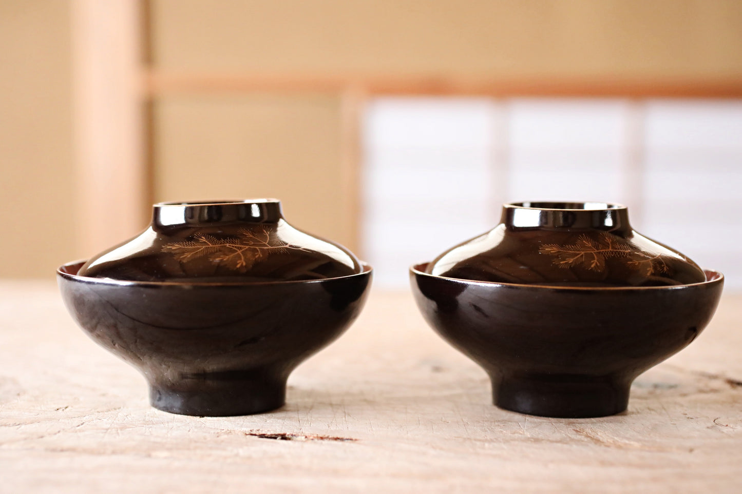 FINE! Japanese antique 1800s Urushi lacquer bowls set of 2, Owan miso cups pine tree design black gold lacquer tableware EDO hand craft