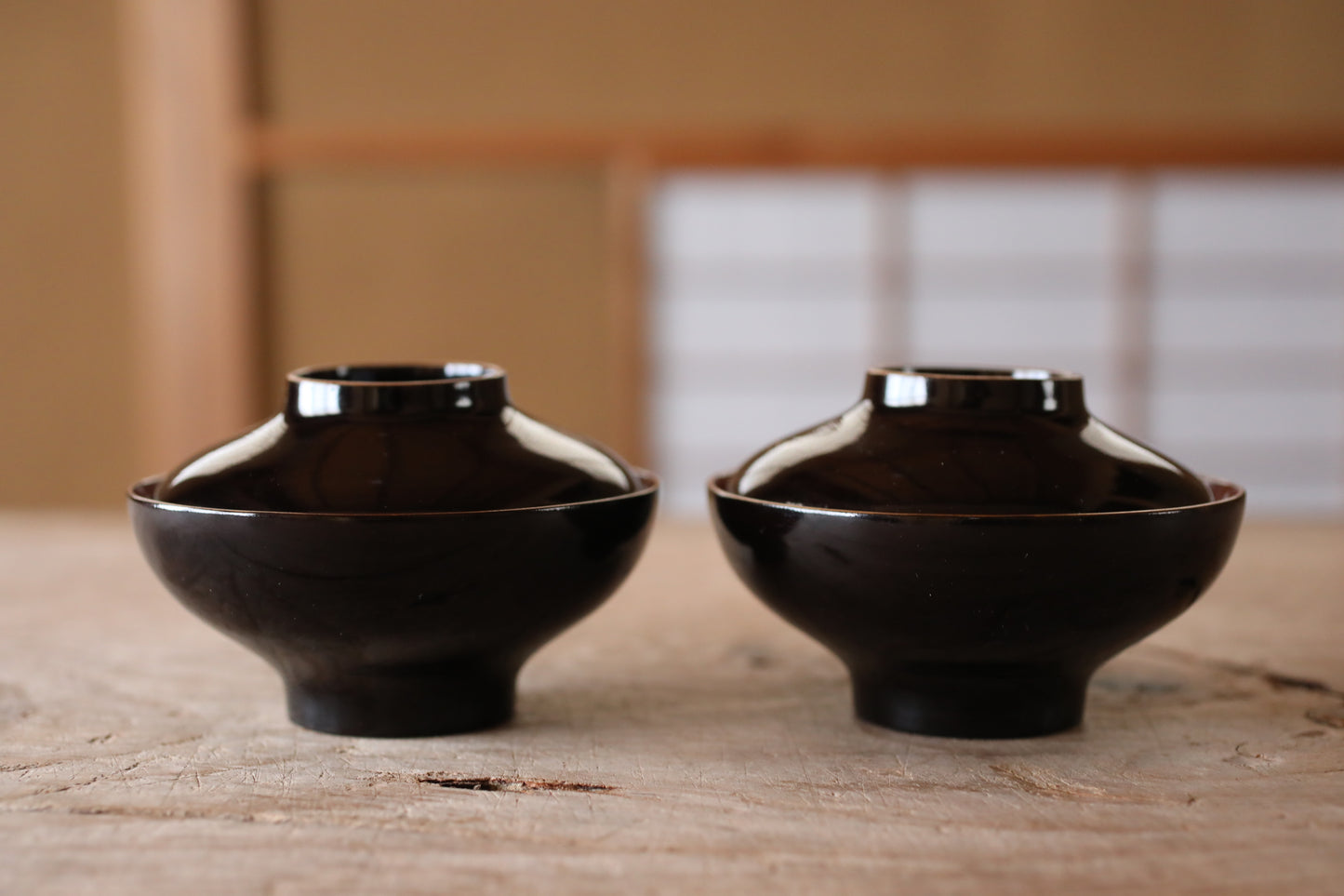 FINE! Japanese antique 1800s Urushi lacquer bowls set of 2, Owan miso cups pine tree design black gold lacquer tableware EDO hand craft