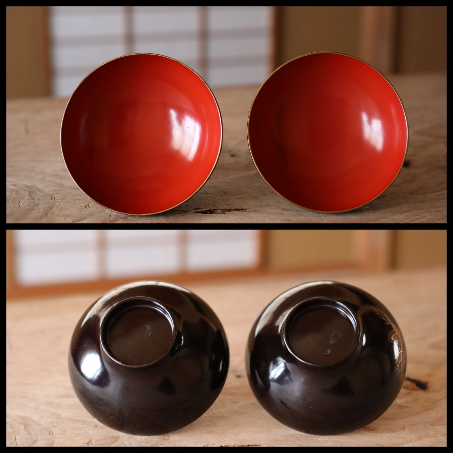 FINE! Japanese antique 1800s Urushi lacquer bowls set of 2, Owan miso cups pine tree design black gold lacquer tableware EDO hand craft