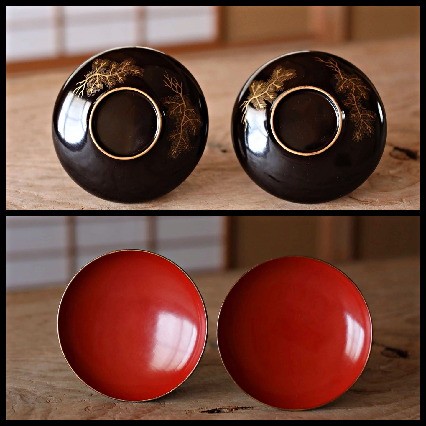 FINE! Japanese antique 1800s Urushi lacquer bowls set of 2, Owan miso cups pine tree design black gold lacquer tableware EDO hand craft