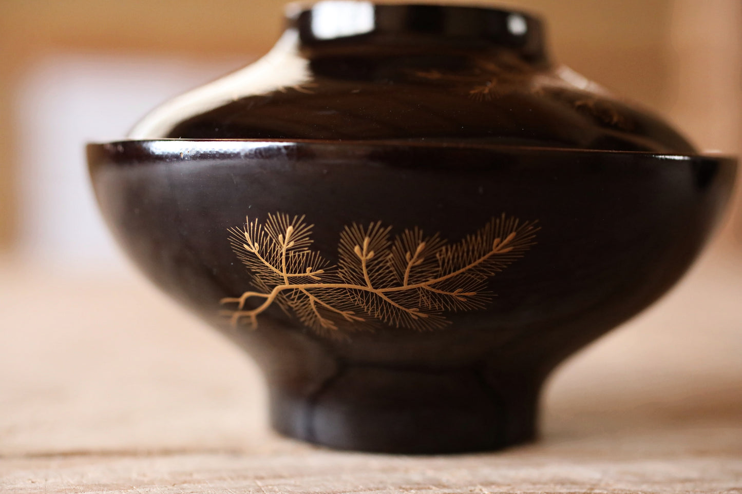 FINE! Japanese antique 1800s Urushi lacquer bowls set of 2, Owan miso cups pine tree design black gold lacquer tableware EDO hand craft