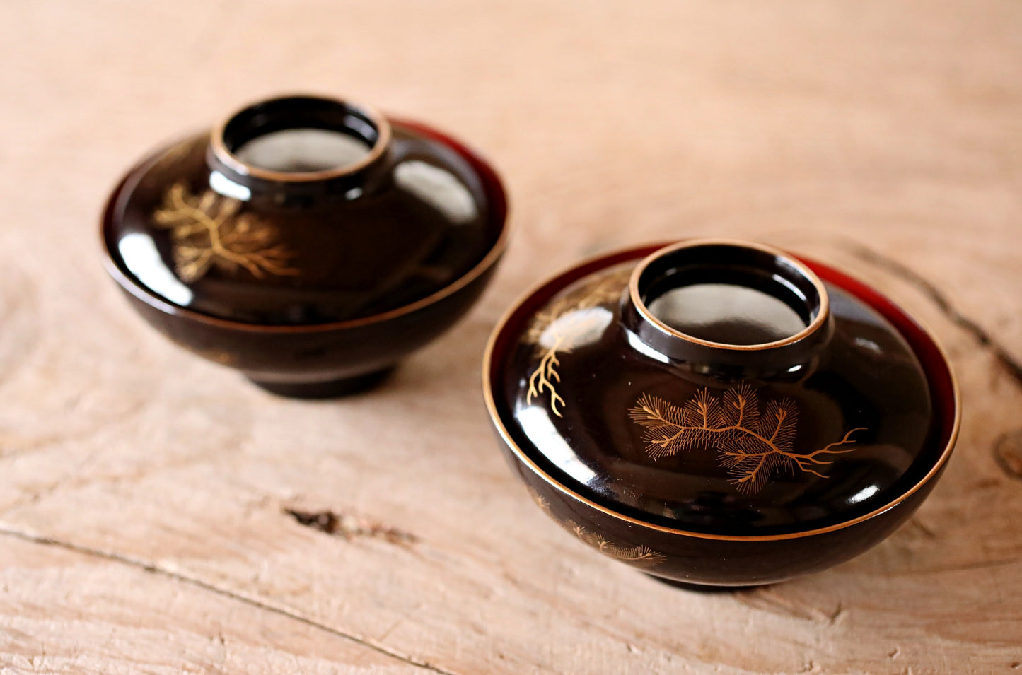 FINE! Japanese antique 1800s Urushi lacquer bowls set of 2, Owan miso cups pine tree design black gold lacquer tableware EDO hand craft