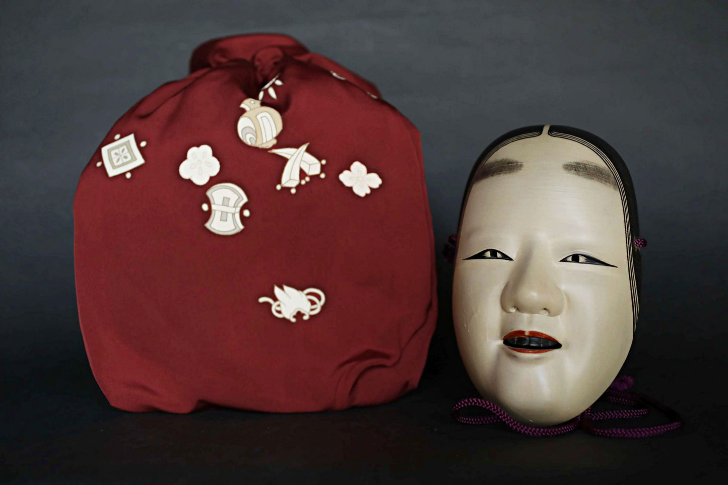 Japanese vintage NOH mask wood carving KOOMOTE wall ornament with silk bag H8in/H20.3cm