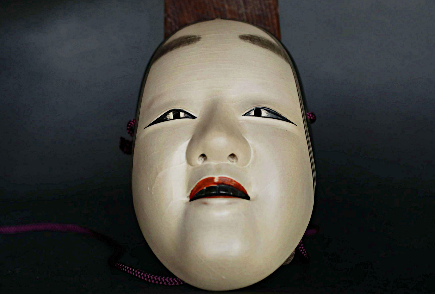 Japanese vintage NOH mask wood carving KOOMOTE wall ornament with silk bag H8in/H20.3cm