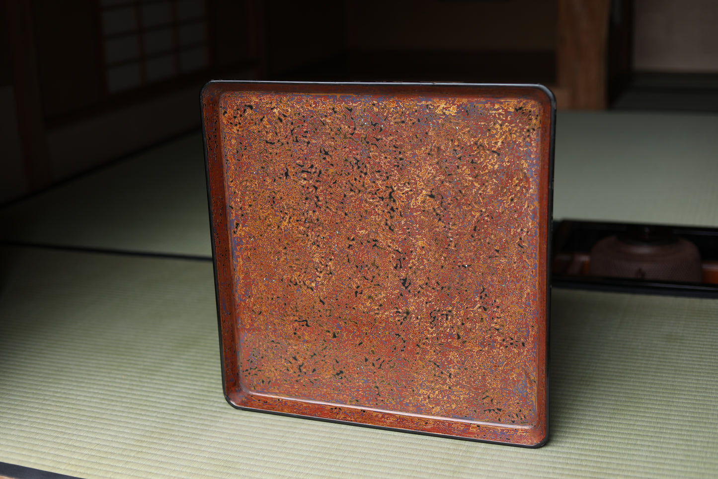 Large Japanese Lacquer Tray, Aizu Urushi, Togidashi Henshin-nuri, Mother-of-Pearl Inlay