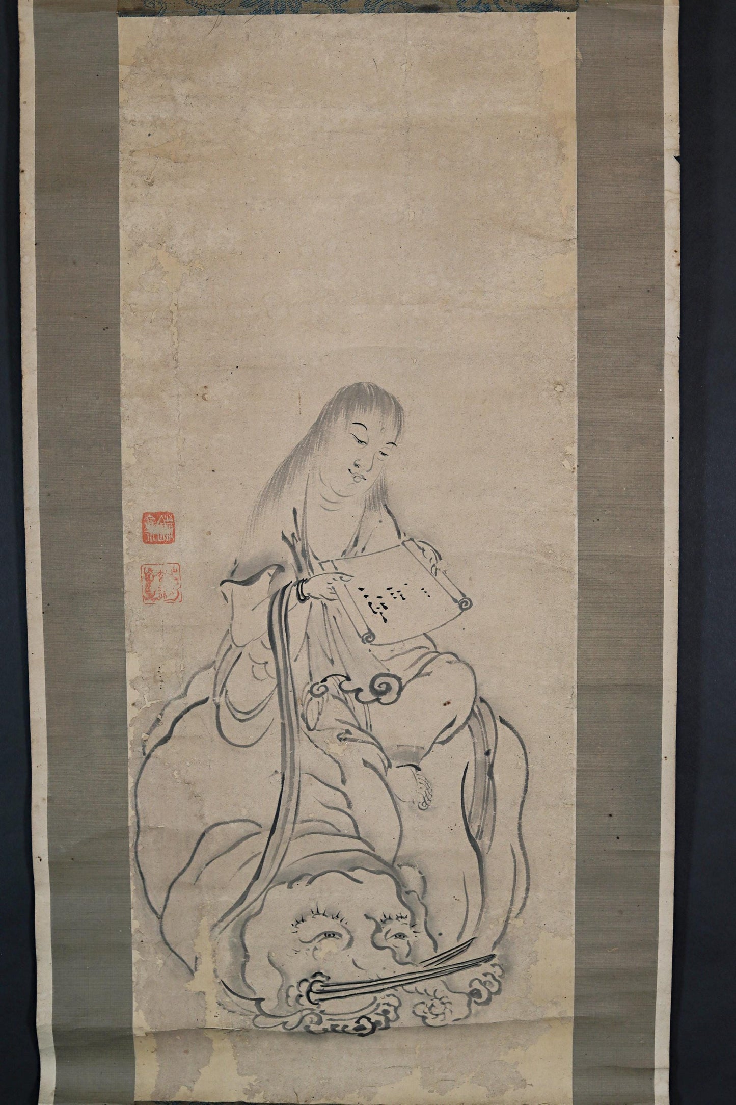 Japanese Antique Scroll – Bodhisattva Painting With Elephant | Vintage Kakejiku Art