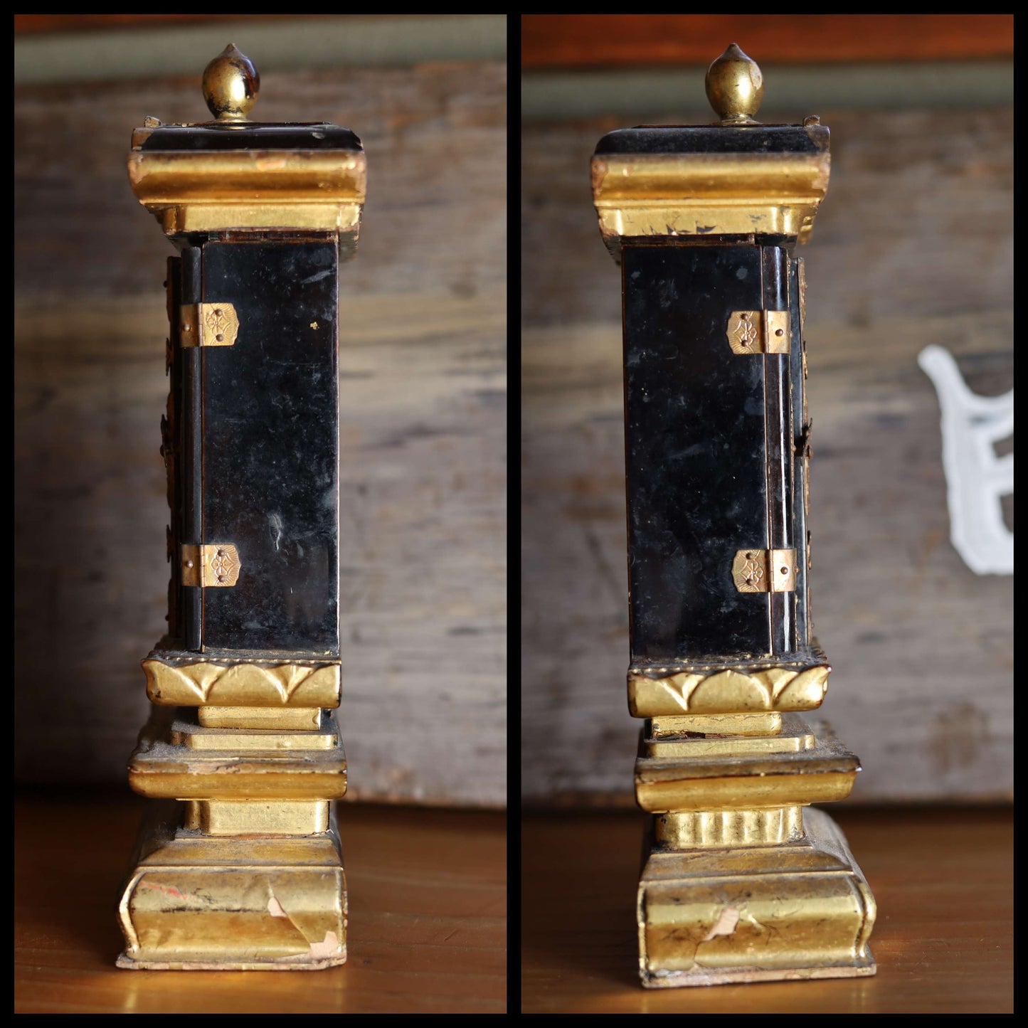 Japanese vintage IHAI Buddhist Household Shrine Altar Small Memorial ancestral Temple wood lacquer gold clouds lotus 1970s H9.6in/H24.4cm