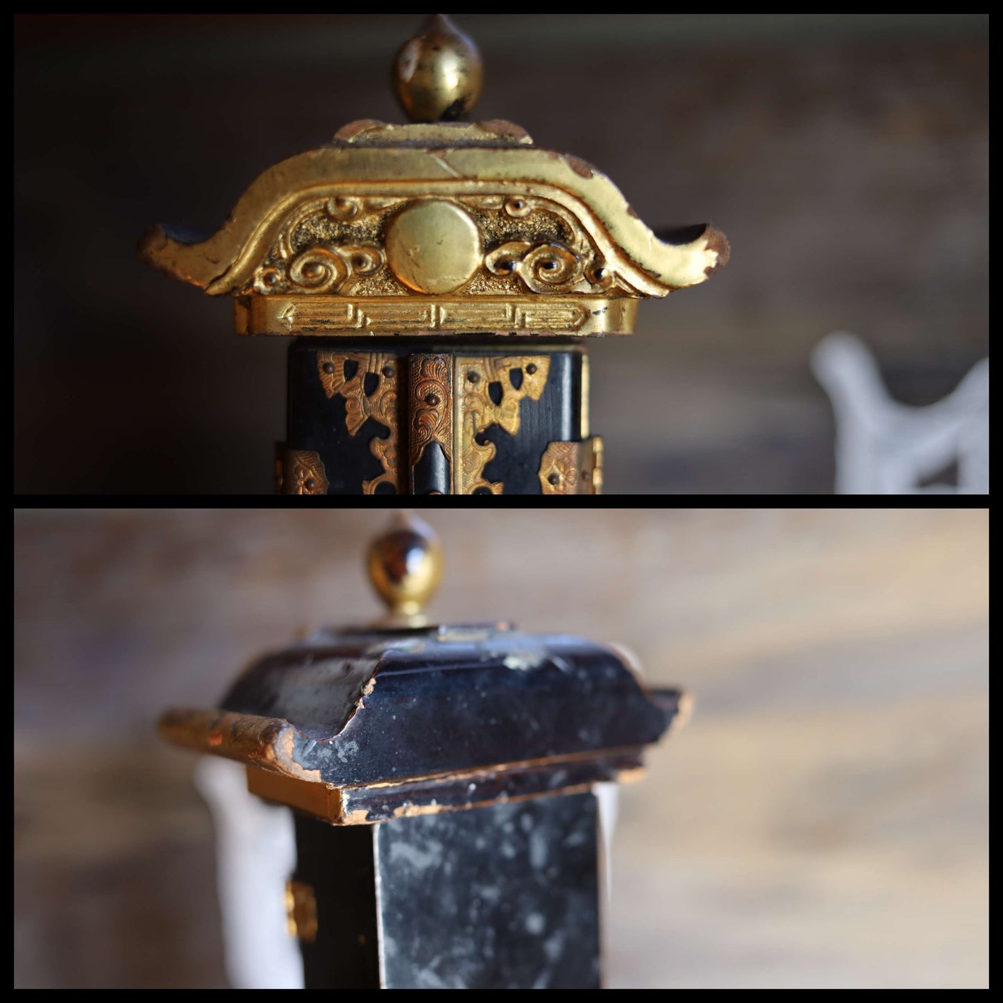 Japanese vintage IHAI Buddhist Household Shrine Altar Small Memorial ancestral Temple wood lacquer gold clouds lotus 1970s H9.6in/H24.4cm