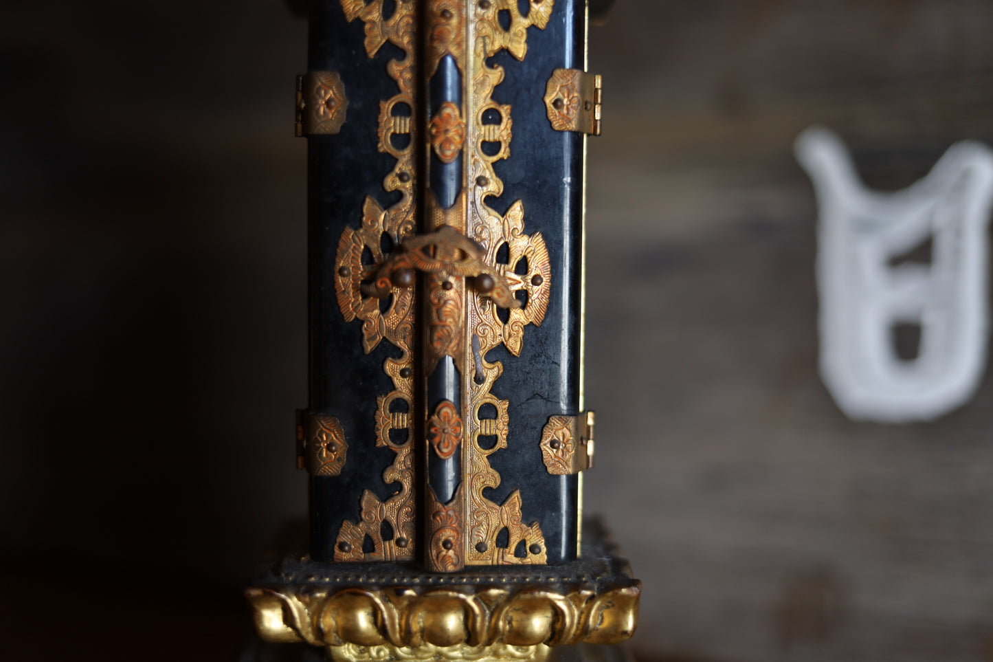 Japanese vintage IHAI Buddhist Household Shrine Altar Small Memorial ancestral Temple wood lacquer gold clouds lotus 1970s H9.6in/H24.4cm