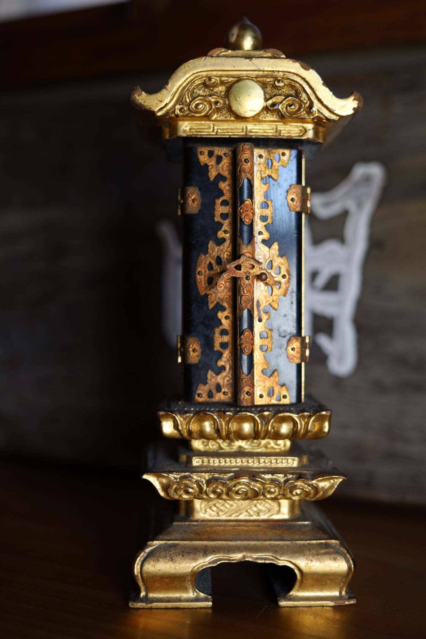 Japanese vintage IHAI Buddhist Household Shrine Altar Small Memorial ancestral Temple wood lacquer gold clouds lotus 1970s H9.6in/H24.4cm