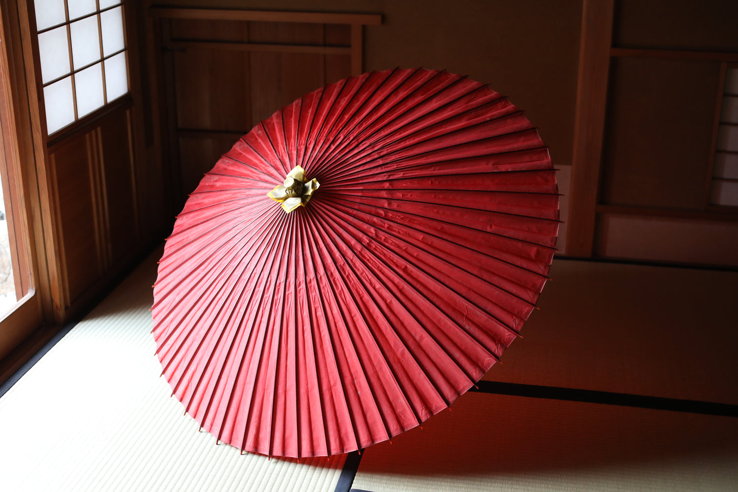Japanese vintage KIMONO item Traditional Umbrella WAGASA BANGASA  in dark red , made of paper and bamboo   H29.7×42.1in/H75.5×107cm