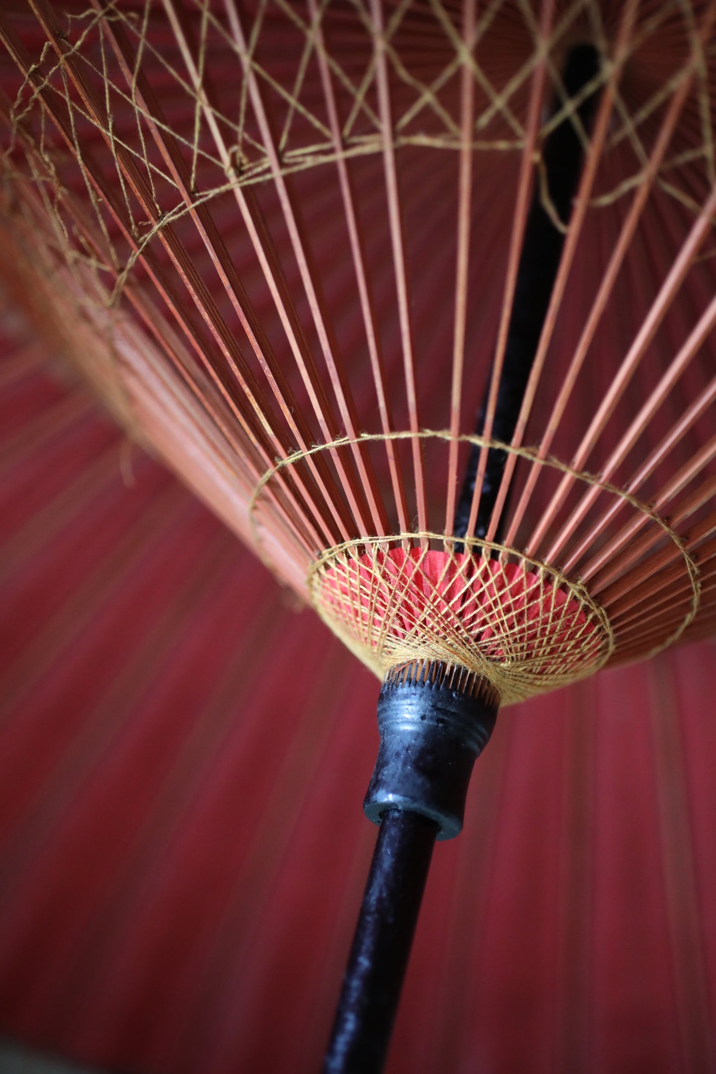 Japanese vintage KIMONO item Traditional Umbrella WAGASA BANGASA  in dark red , made of paper and bamboo   H29.7×42.1in/H75.5×107cm
