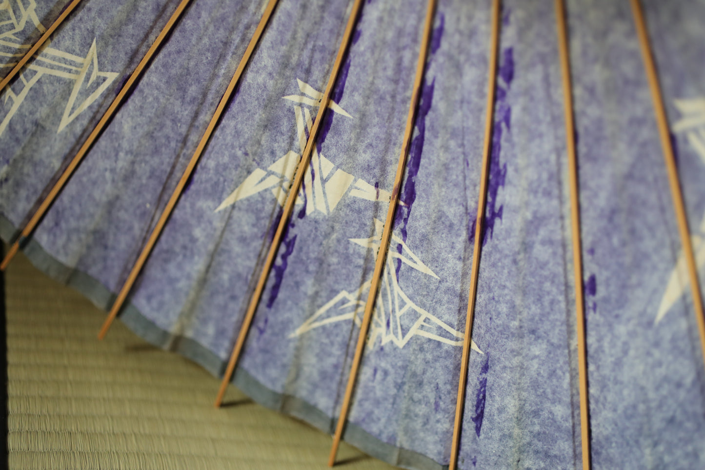 Vintage Japanese Bangasa Umbrella, Crane Painting, Bamboo & Paper