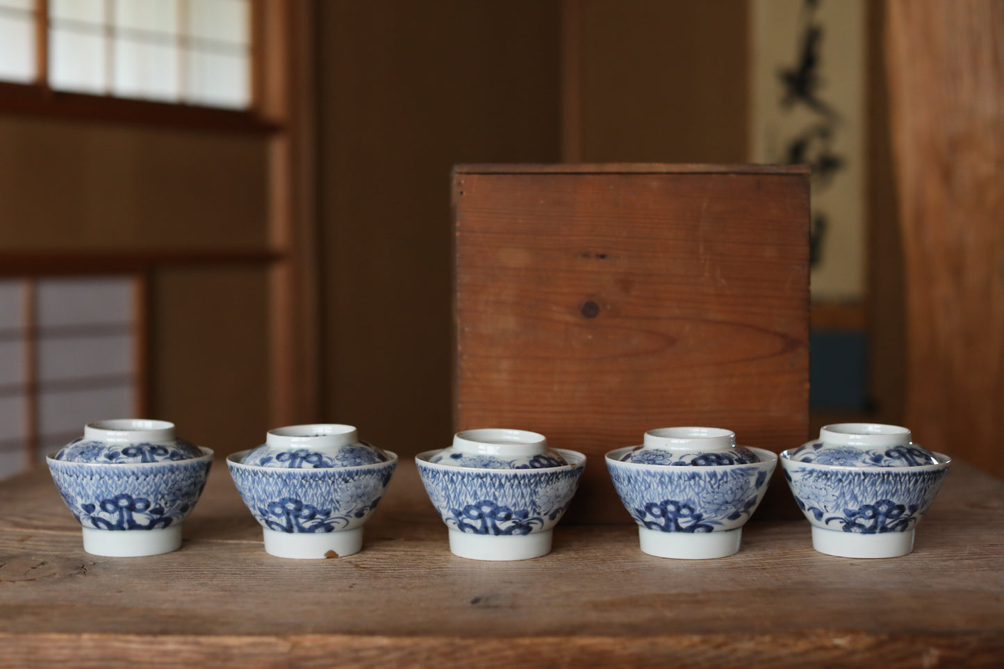 Antique Japanese Imari Ware Bowls with Lids, Indigo Blue Sometsuke, Set of 5, Edo