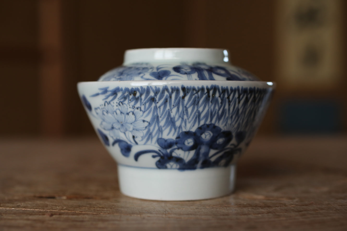 Antique Japanese Imari Ware Bowls with Lids, Indigo Blue Sometsuke, Set of 5, Edo