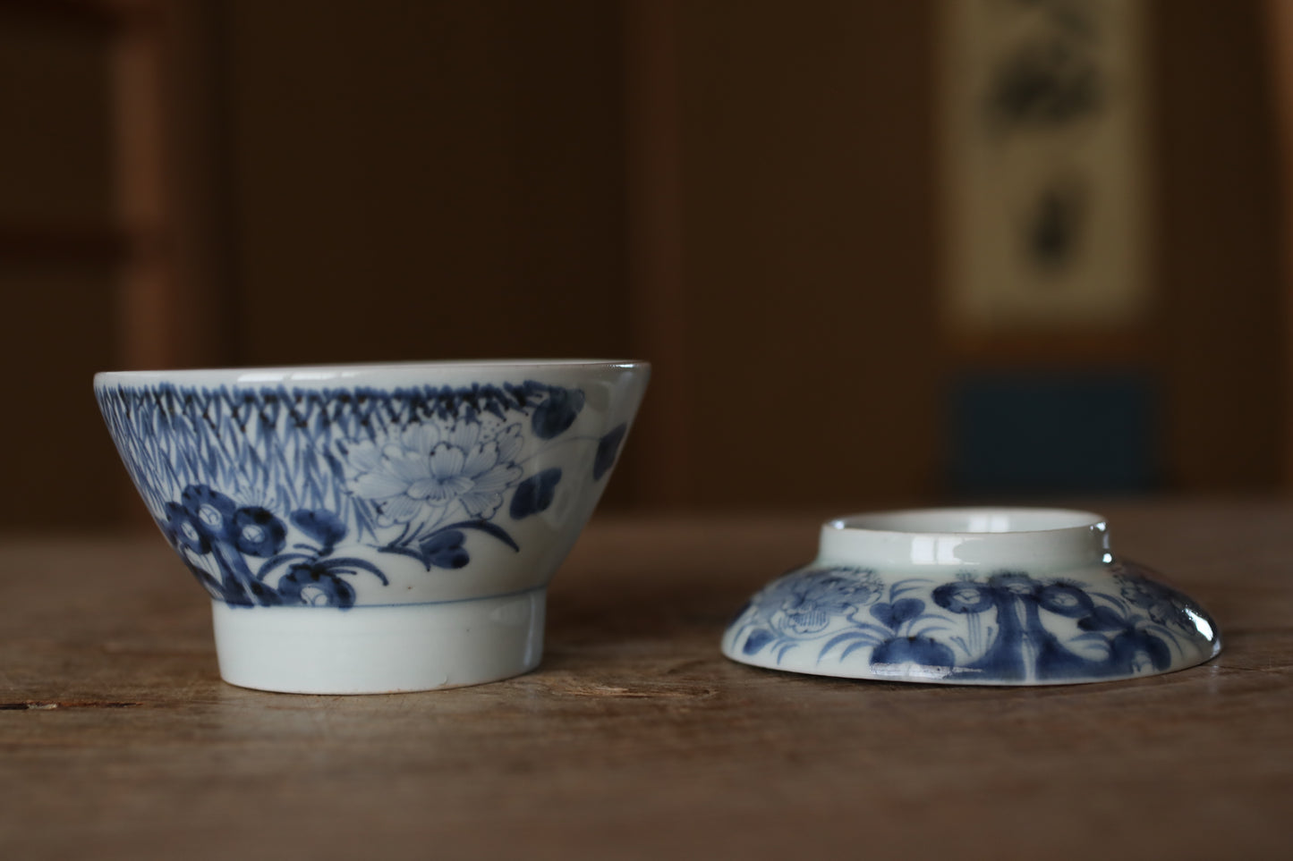 Antique Japanese Imari Ware Bowls with Lids, Indigo Blue Sometsuke, Set of 5, Edo