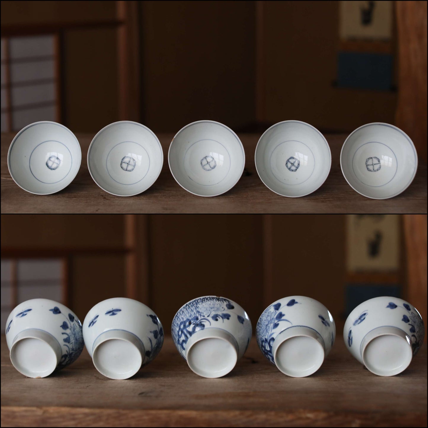 Antique Japanese Imari Ware Bowls with Lids, Indigo Blue Sometsuke, Set of 5, Edo