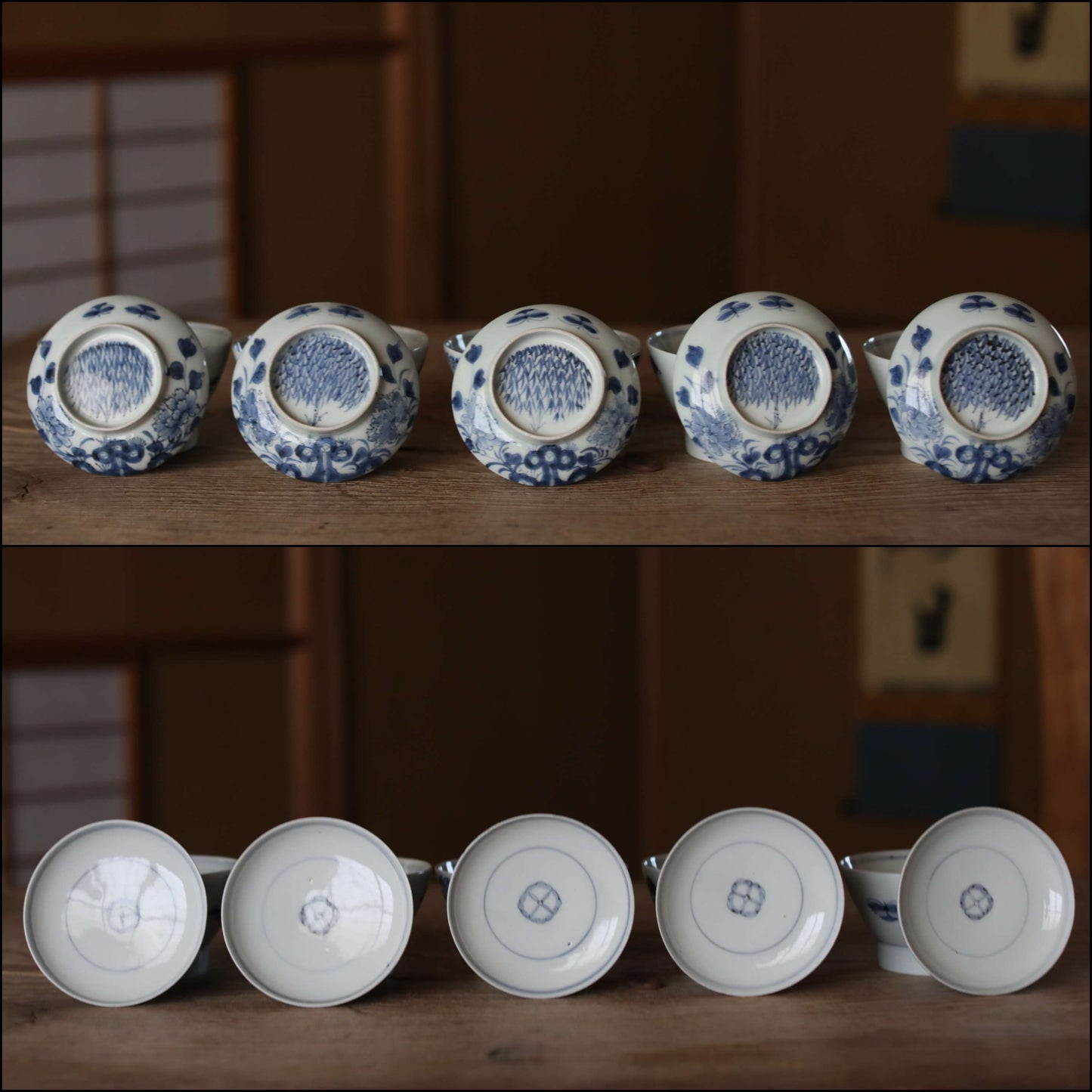 Antique Japanese Imari Ware Bowls with Lids, Indigo Blue Sometsuke, Set of 5, Edo