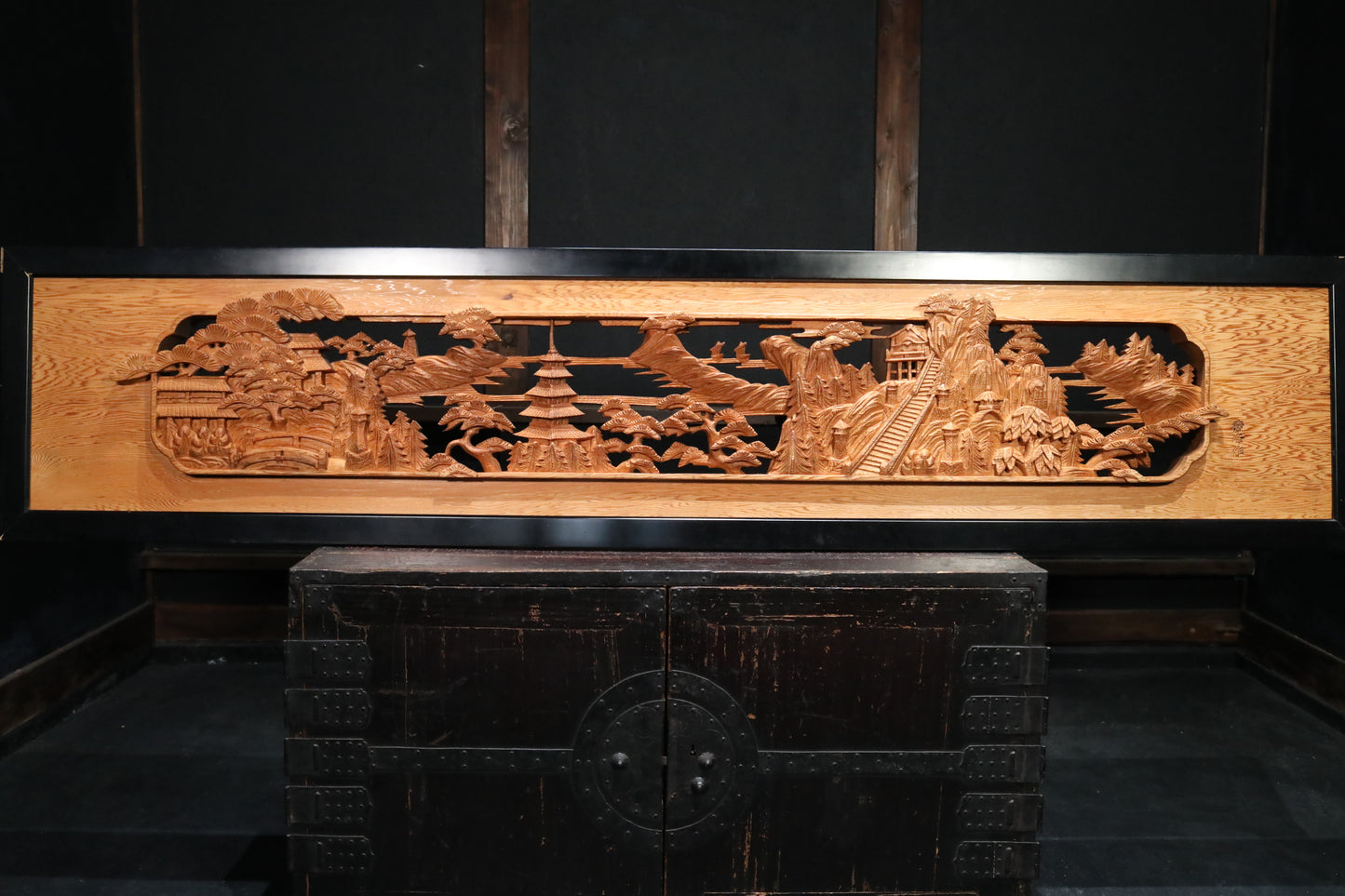 Japanese vintage furniture RANMA Wooden sculpture carving openwork Views of Japanese Garden, cherry blossoms and pine trees W74.4in/W189cm