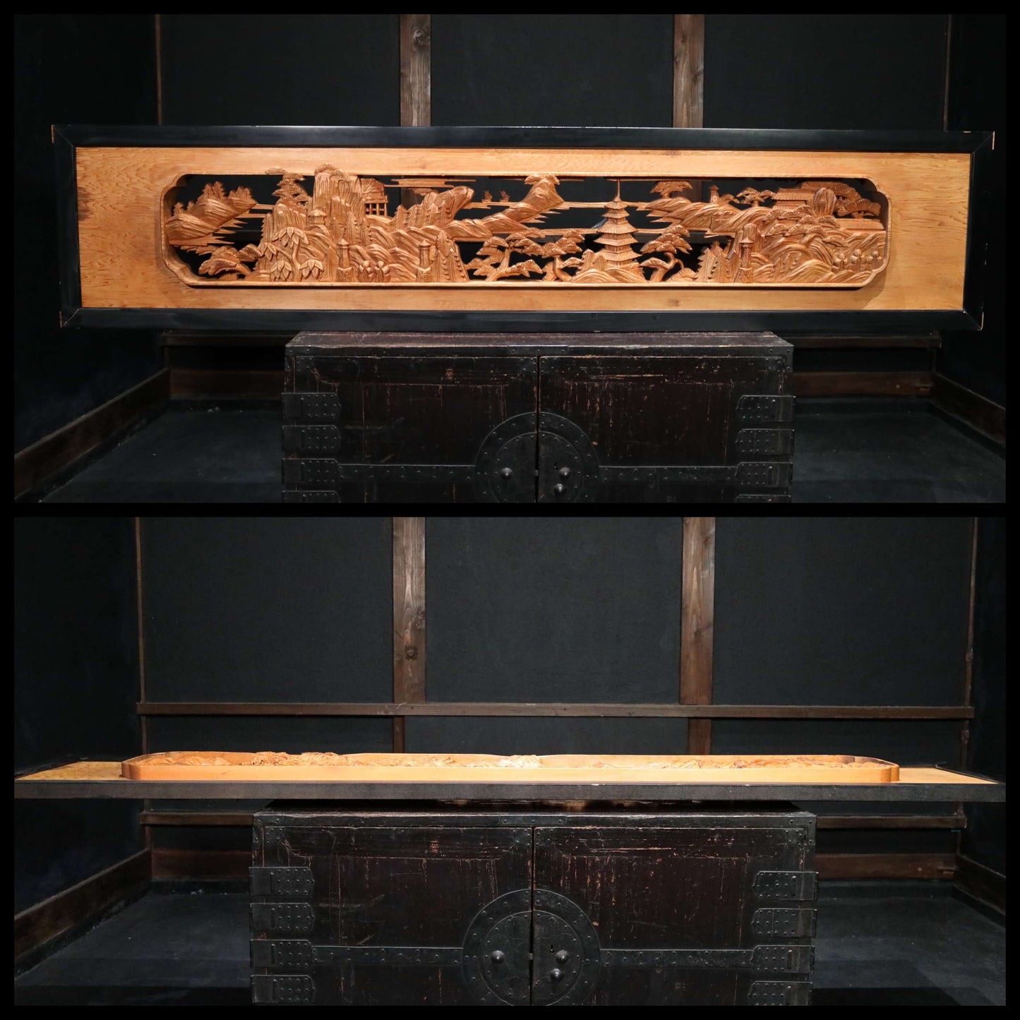 Japanese vintage furniture RANMA Wooden sculpture carving openwork Views of Japanese Garden, cherry blossoms and pine trees W74.4in/W189cm